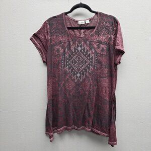Cato Shirt Womens 2XL Burgundy Aztec Print Short Sleeve Embellished Boho Top